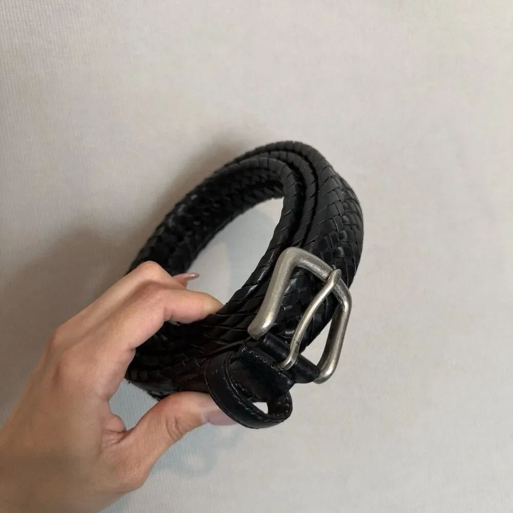Leather Belt Size 48 Men’s Braided Black Silver Buckle 100% Leather Classic